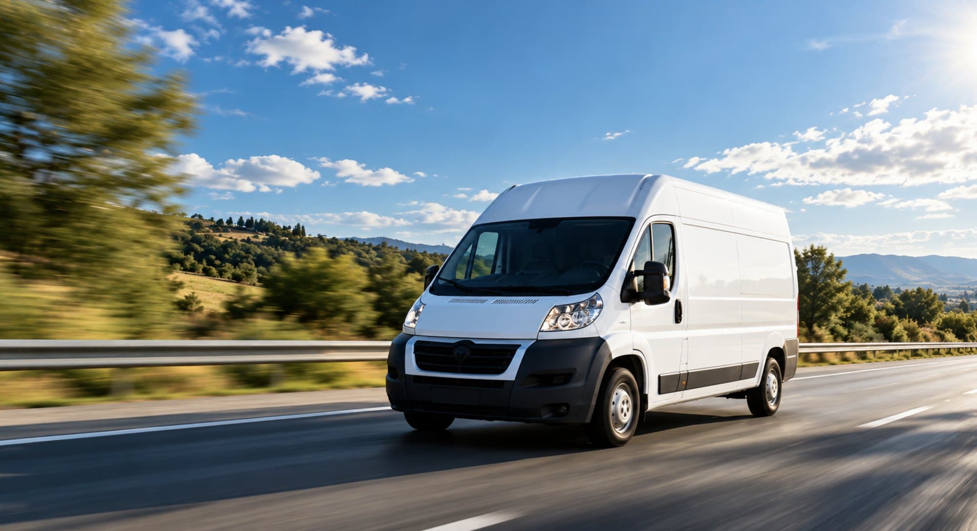 Utilitaire blanc de livraison sur la route